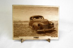 Wood etching of vintage car